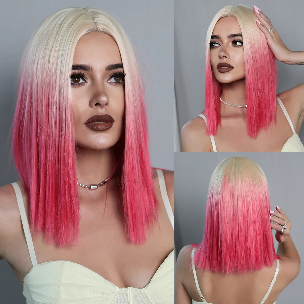 7JHH WIGS Short Bob Wig Ombre Blonde Wig for Women Daily Party Natural Synthetic Hair Wig with Bangs Heat Resistant Fiber