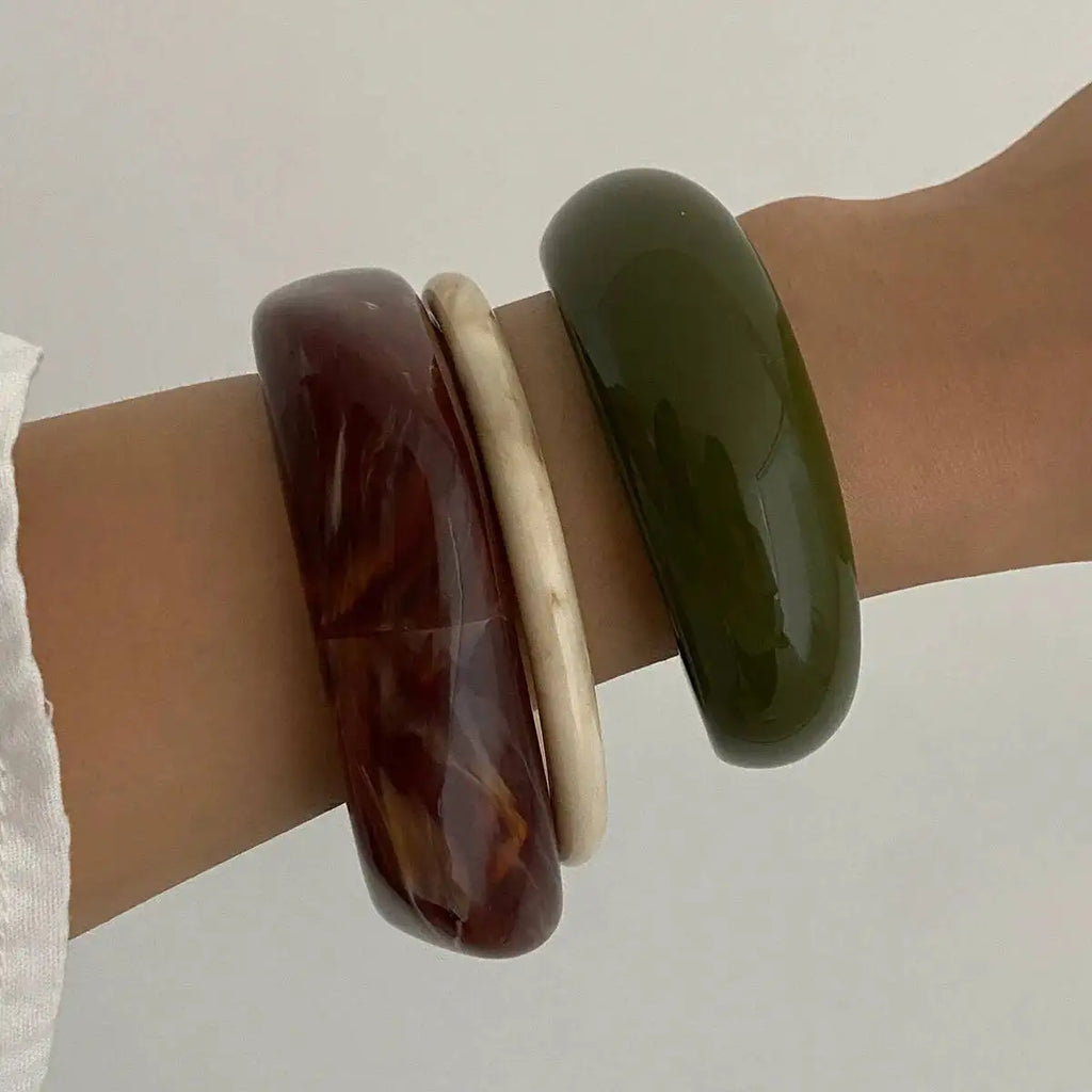 Ingemark 3 Styles Boho Resin Stacked Round Bangles for Women Ethnic Geometric Chunky Wide Bracelets Hand Jewelry Accessories