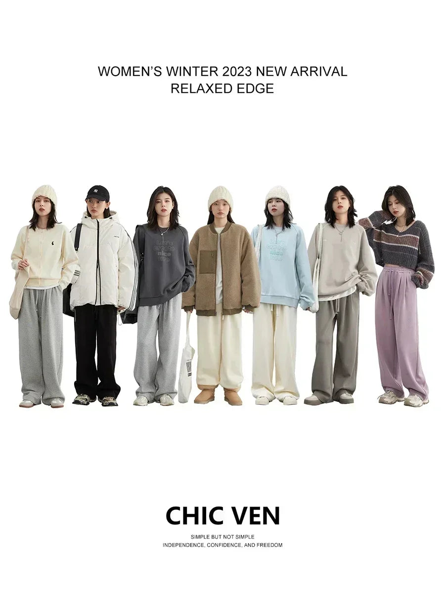CHIC VEN Women's Pant Streetwear Solid Loose New Drawstring Sports Casual Trousers High Waisted Pants Autumn Winter 2026