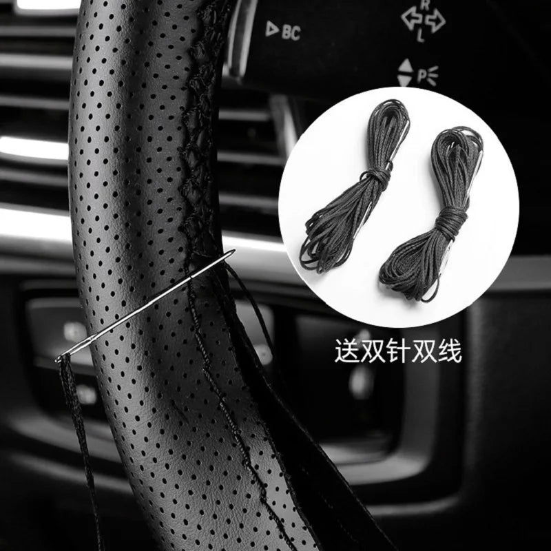 Universal Leather car steering wheel stitched on cover to fit 38cm 14 "DIY sewn breathable and non-slip black