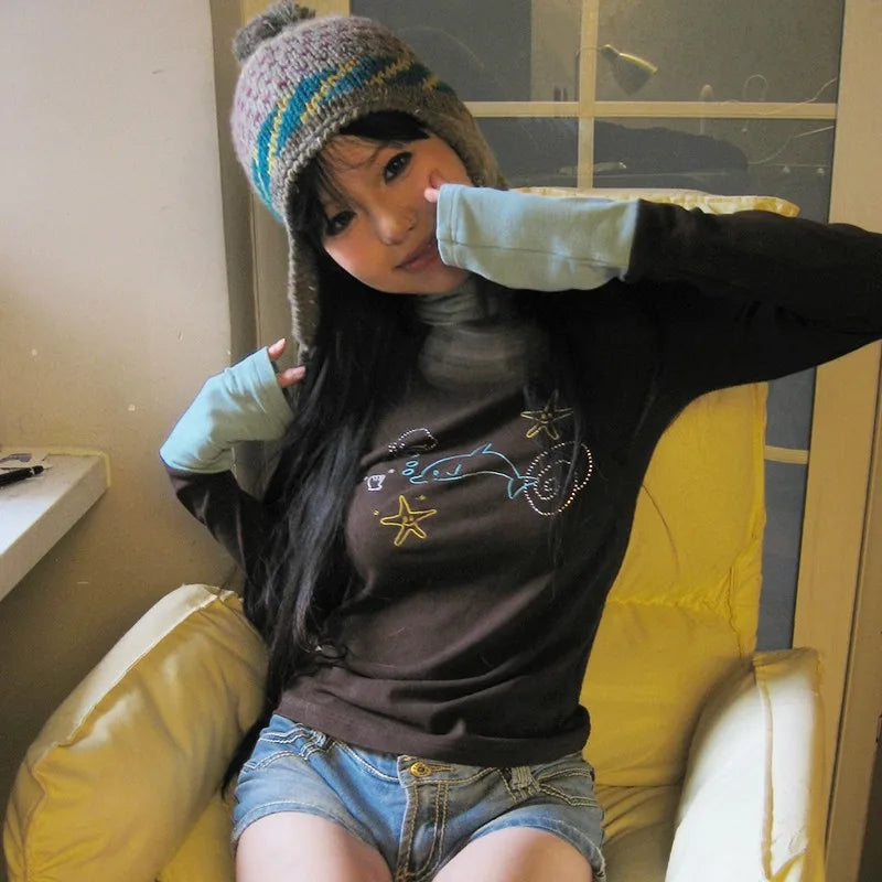 Karrram Japanese Y2k Turtleneck T-shirt Grunge Aesthetics Patchwork Tops Vintage Diamond Print Long Sleeve Tshirt Harajuku 2000s