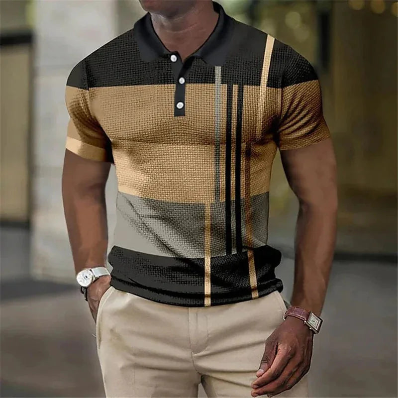 Summer Color Block Striped 3D Print Polo Shirts Men's Fashion Streetwear Button Lapel Short Sleeve Shirt Tees Tops Man Clothing