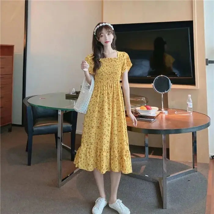 2026 New Spring Summer Dress Women Mini Dresses Female Short Sleeve Elastic Bust Printed Floral Pleated Backless Casual Dress