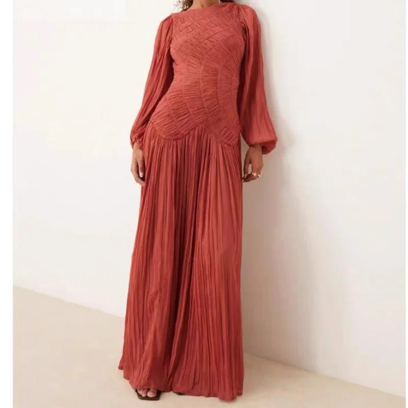 Elegant Pleated Long Lantern Sleeve Long Dress Women O-neck Folds Loose Holiday Beach Dresses 2025 Summer Commute Chic Vestidos