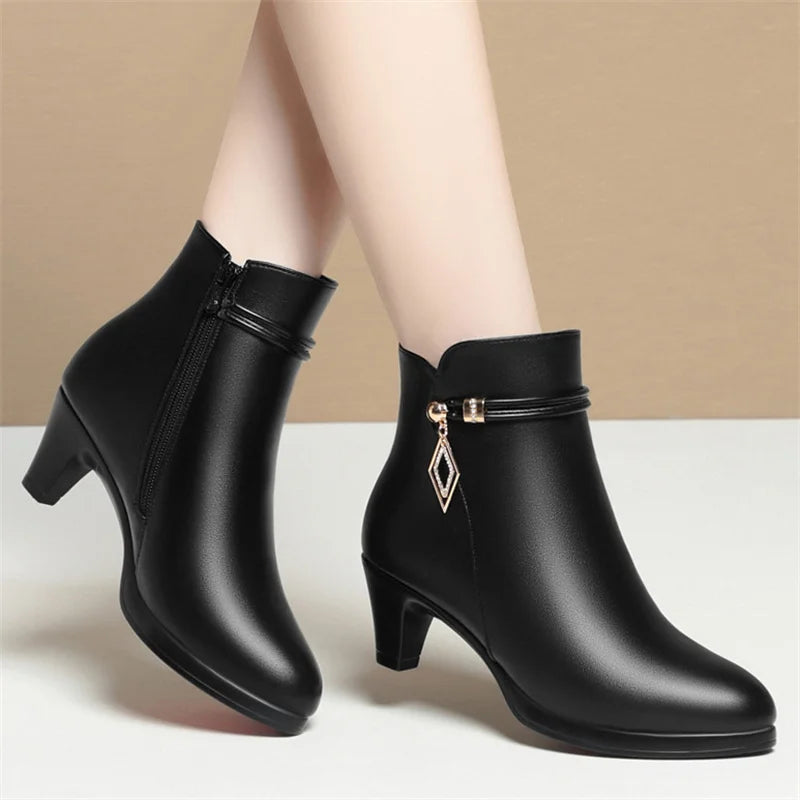 Comfort Fashion Soft Leather Winter Shoes Platform Boots 2026 Elegant Black Block High Heels Ankle Office Mom Boots