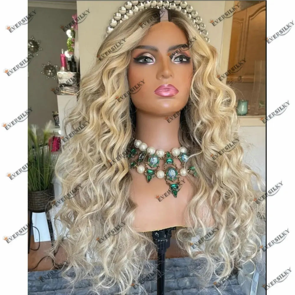 Glueless U Part Wig Human Hair Dirty Blonde Highligths Balayage Roots Curly Wig V Part Wig 100% Virgin Human Hair Wig for Women