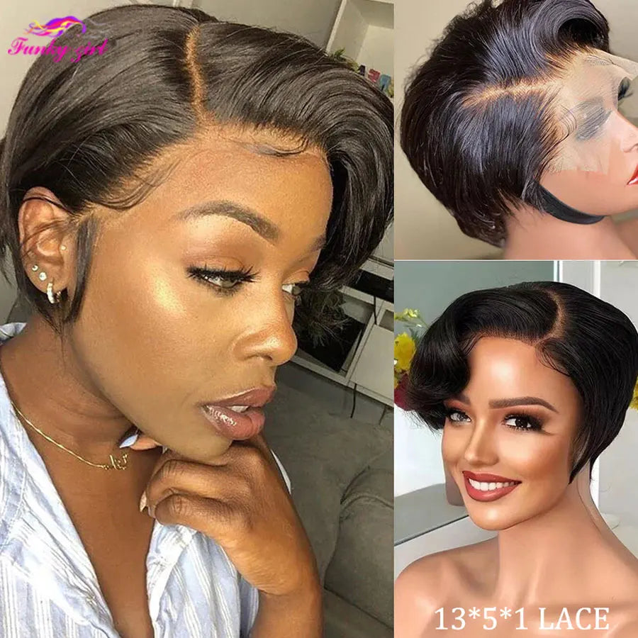 Pixie Cut Wig Transparent Lace Human Hair Wigs For Women Straight Short Bob Wig 13x5x1 T Lace Wig Pre-pluck Brazilian Remy  Hair
