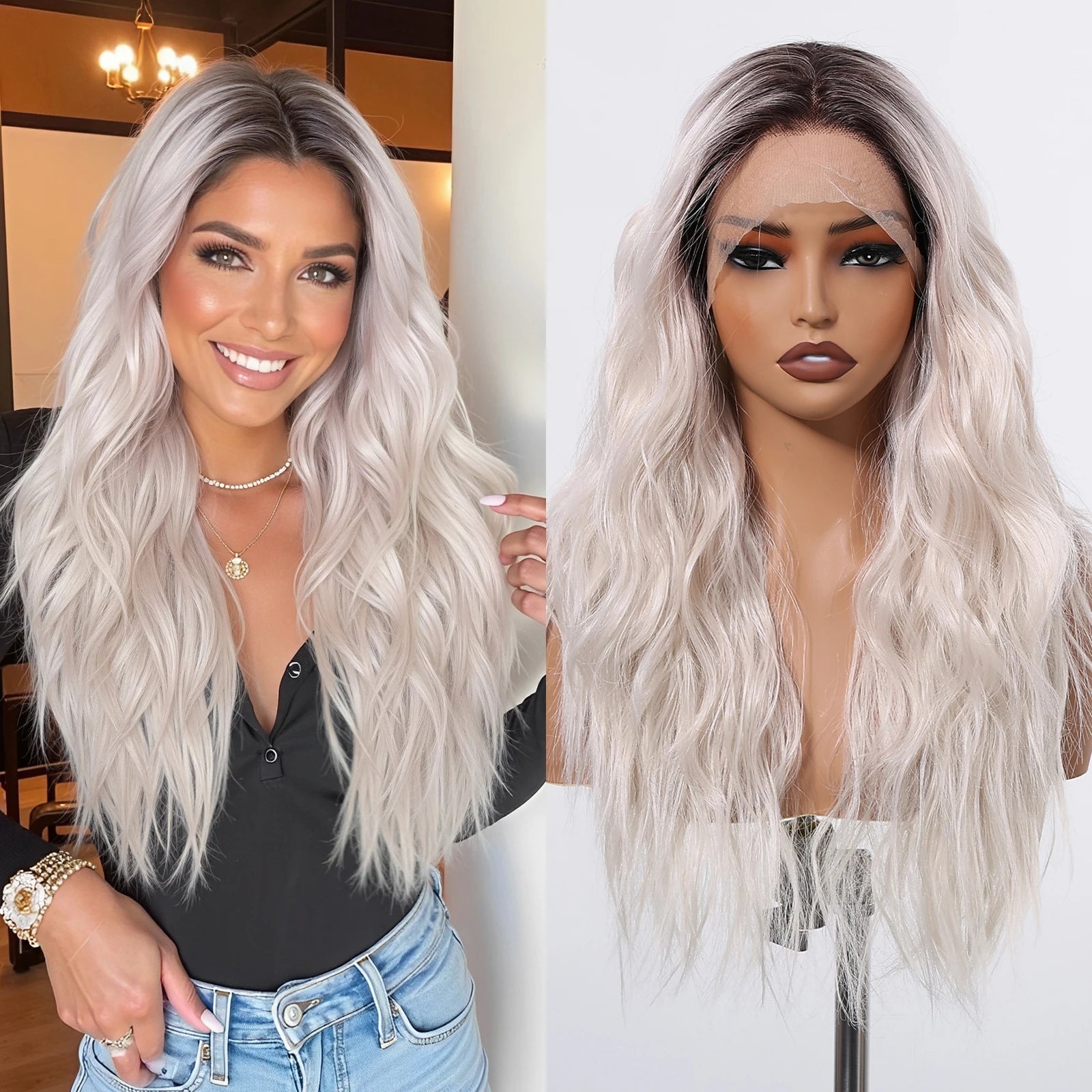 Gray White Highlight Synthetic Wigs 13*6 Transparent Swiss Lace Frontal Wigs Body Wave Long Curly Wigs for Women Elder Mommy Wig