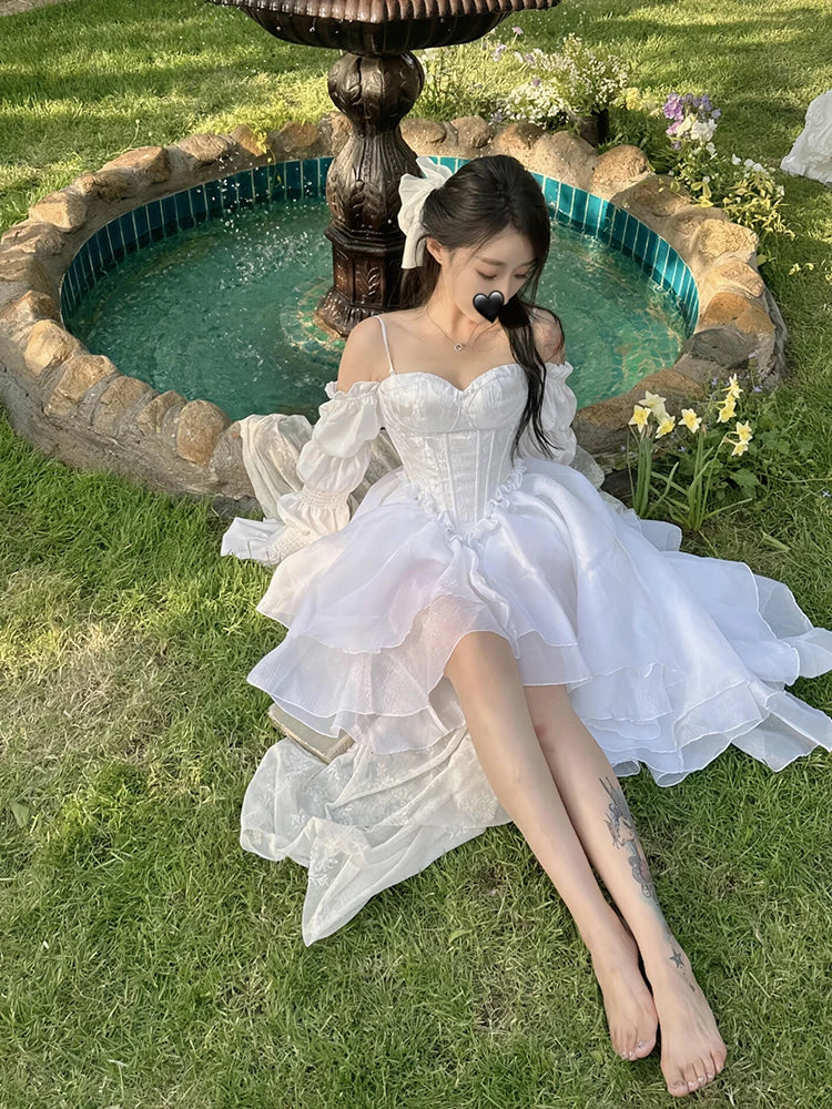 REDDACHiC Princess Trailing Party Gown Women White Floral Embroidery Puff Sleeves Lace Up Backless Hi-Lo Mini Dress Wedding Gown