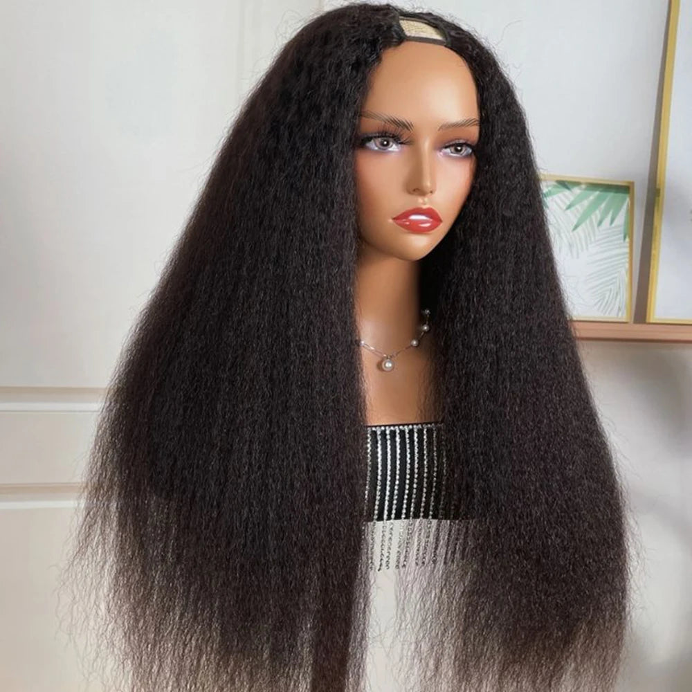 Afro Curly Yaki Wigs for Black WomenHeadband Kinky Straight Full Machine Synthetic Wigs Yaki Straight Glueless Clip in Vpart Wig