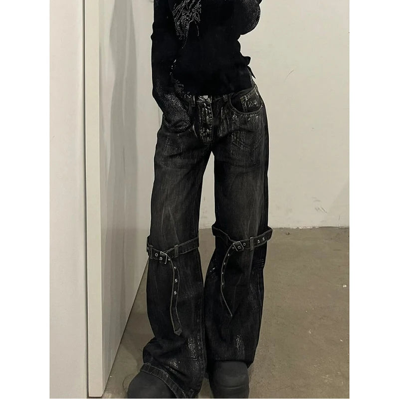 Black Women's Jeans High Waist Hip Hop Straight Fashion Pants Streetwear Harajuku Y2K Star 2026 Female Wide Leg Denim Trouser