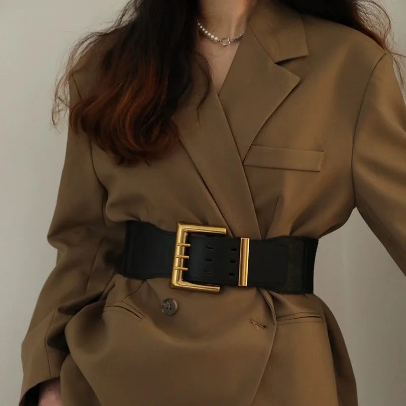 High Quality Retro Elastic Wide Belt Gold Buckle Ladies Fashion Suit Coat Girdle Waist Belts for Women Luxury Designer Brand