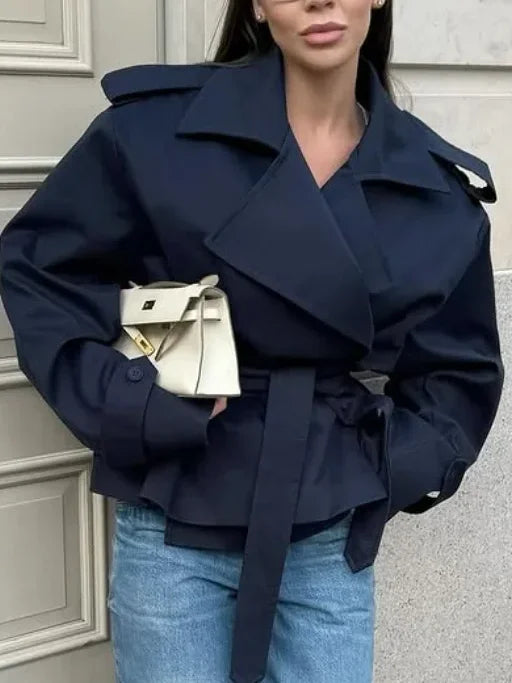Women Lace Up Loose Trench Coat Fashion Long Sleeves Lapel Wide Shoulder Oversized Windbreaker Lady Commute Street Outerwear