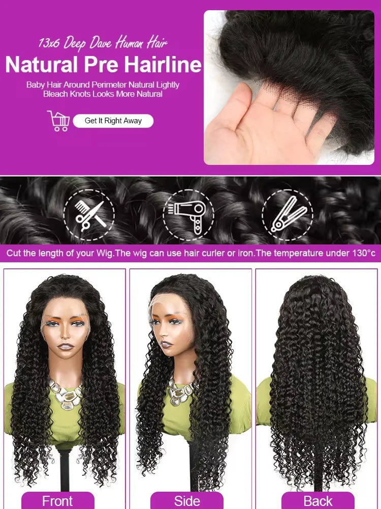 230% Curly Deep Water Wave 13x4 HD Lace Front Wigs PrePlucked Brazilian 100% Human Hair 13x6 Lace Frontal Closure Wig 32 34 Inch