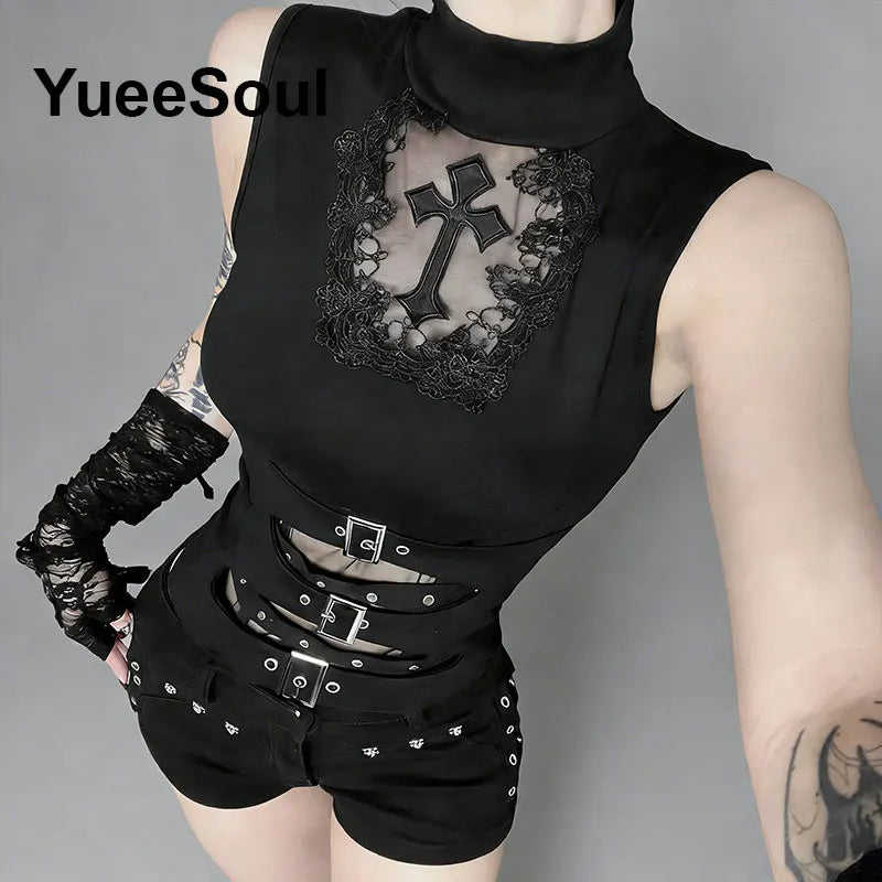 Gothic Crop Tops Black Spaghetti Strap Mesh Slim Corset Tops 2026 New Goth Punk Grunge Fairy Core Sexy Y2K Halloween Clothing