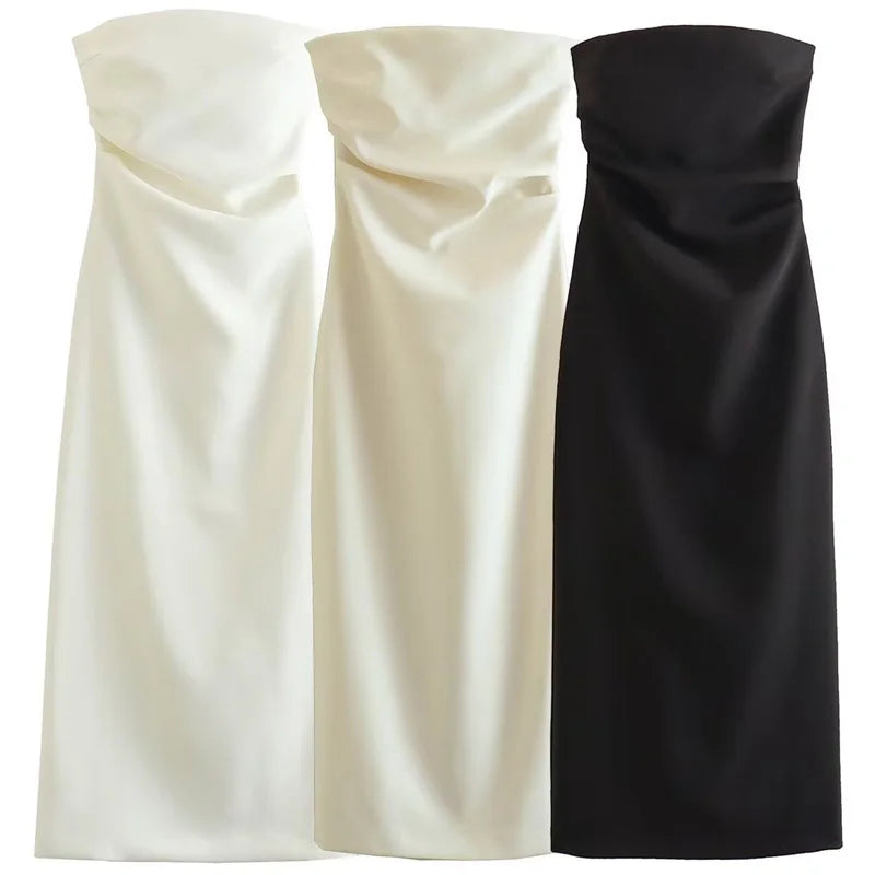 HXAO 2026 Womens Strapless Dresses Summer Off White Black White Dress Midi Ruffled Off Shoulder Backless Dress Prom Vestidos 066