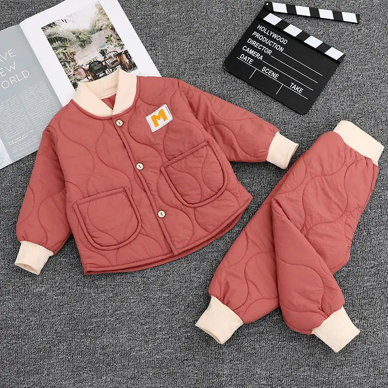 Children's Winter Padded Clothes Suit Boys Girls hooded Thickened Cotton Quilted Trousers0-5T Baby Home Service 2-Piece Set
