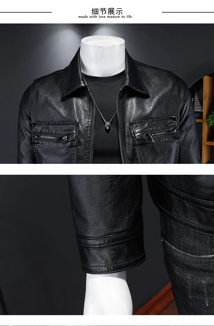 2024 Autumn and Winter New Men's Fashion Handsome Trend Business Leisure Lapel Motorcycle Leather Coat Slim Stylish Man  M-4XL
