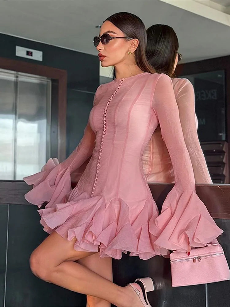 Trumpet Sleeves Puffy Short Dress Woman Single Breasted Lace Waist Cinching Solid Color O-Neck Dresses Elegant Women Mini Dress