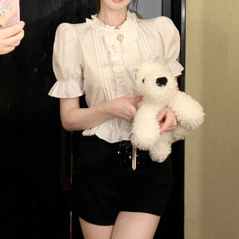 Puff Sleeve Shirts Women White Ruffles Elegant Summer Vintage Office Lady Aesthetic Mature Sweet Minority Sexy Clothing Daily