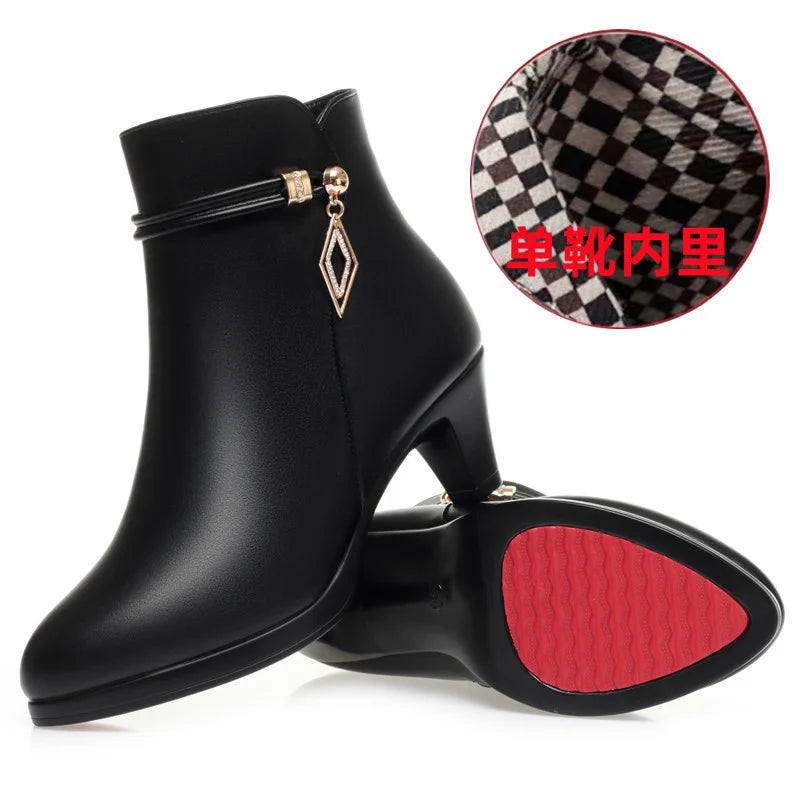 Comfort Fashion Soft Leather Winter Shoes Platform Boots 2026 Elegant Black Block High Heels Ankle Office Mom Boots