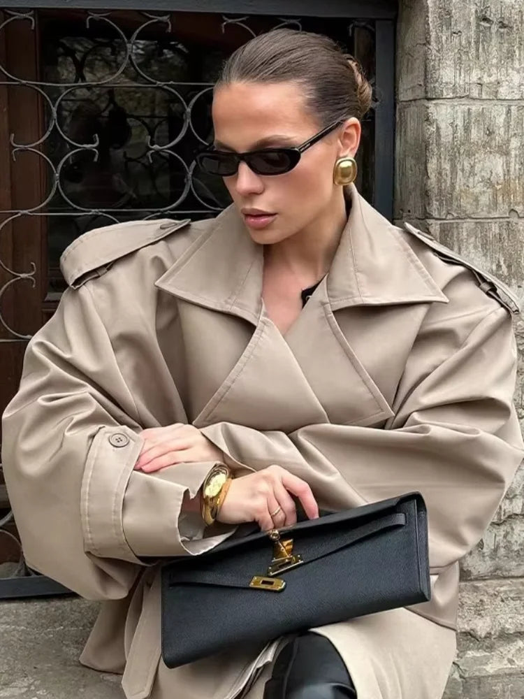 Women Lace Up Loose Trench Coat Fashion Long Sleeves Lapel Wide Shoulder Oversized Windbreaker Lady Commute Street Outerwear
