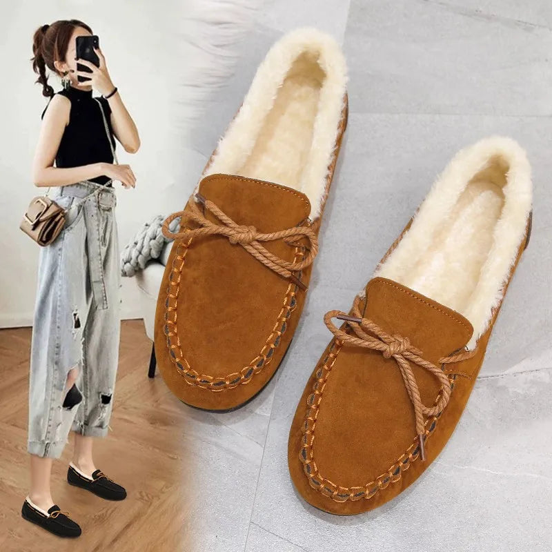 Women Winter Casual Shoes New Moccasins Soft Flat Non-slip Loafers Fashion Comfort Warm Plush Bow Slip on Female Cotton Shoes