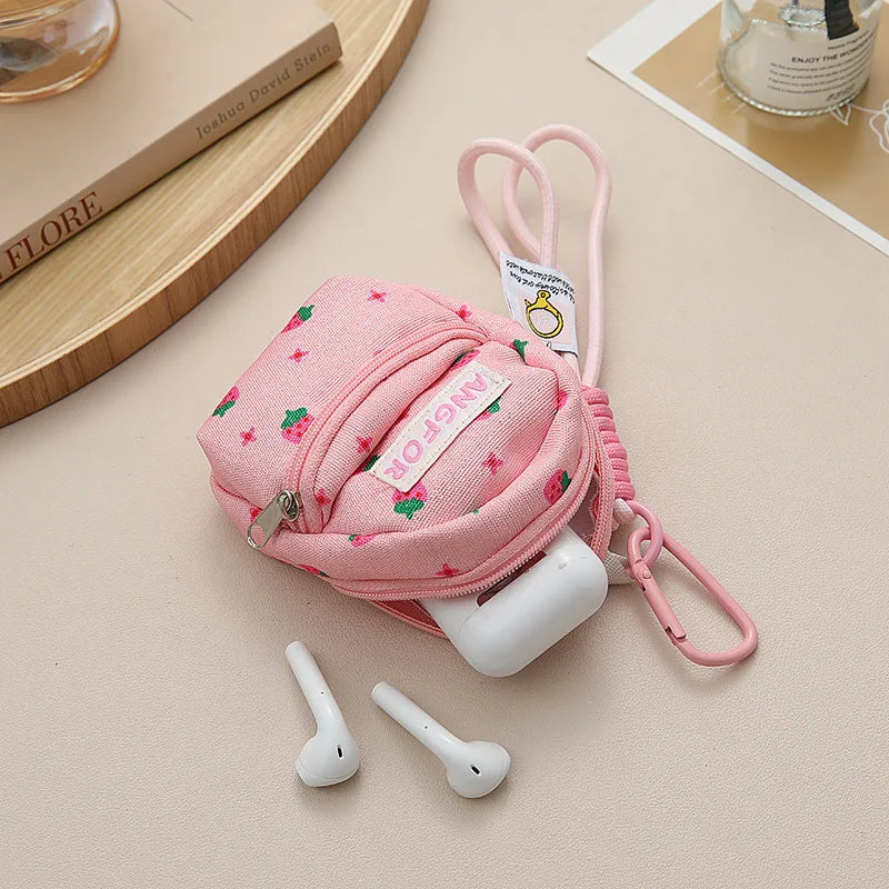 Pink Strawberry Printed Mini Coin Purse Backpack Pendant Anti Loss Key Chain Wallet Portable Multifunctional Earphone Bag