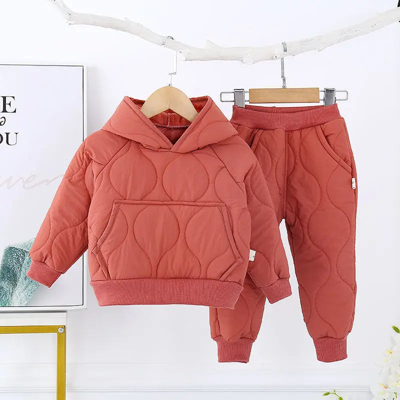 Children's Winter Padded Clothes Suit Boys Girls hooded Thickened Cotton Quilted Trousers0-5T Baby Home Service 2-Piece Set