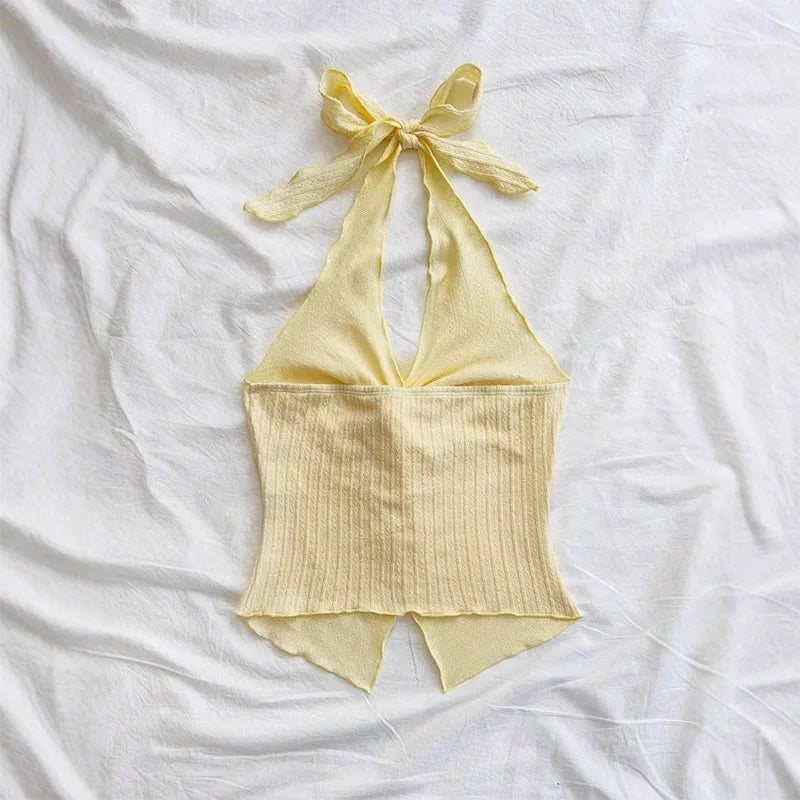 Yellow V-neck Halter Neck Top for Women Summer Y2K Clothes Sexy Sleeveless Backless Crop Top Streetwear