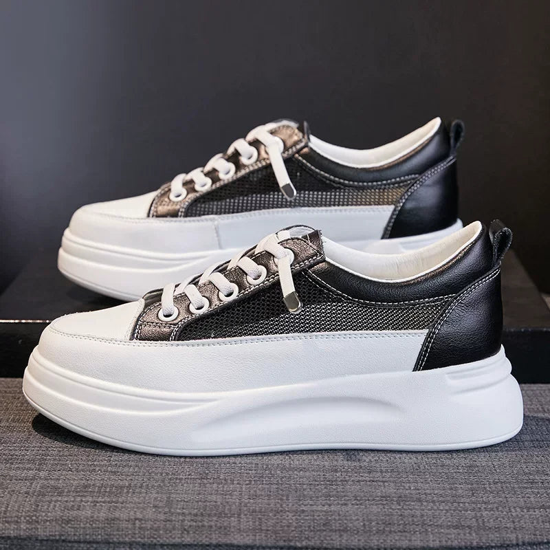 Fujin 4.5cm Genuine Leather Women Shoes Platform Flats Breathable Women Mesh Shoes White Sneakers Spring Autumn Summer Shoes