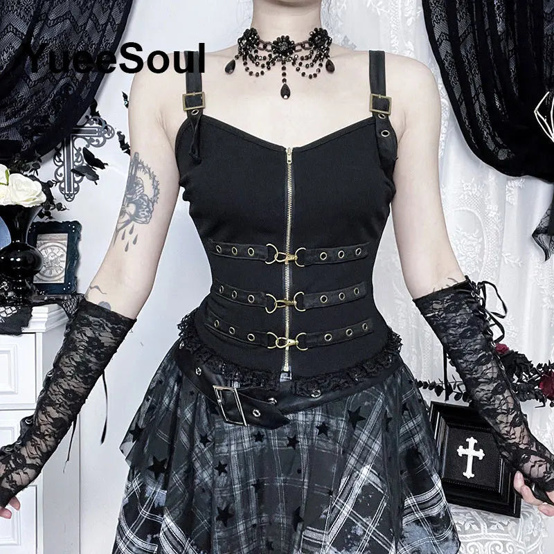 Gothic Crop Tops Black Spaghetti Strap Mesh Slim Corset Tops 2026 New Goth Punk Grunge Fairy Core Sexy Y2K Halloween Clothing