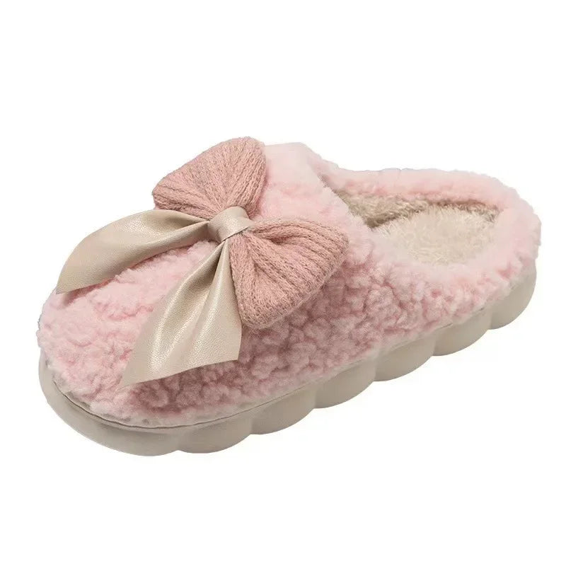 Winter Warm Fur Slippers for Women Cute bow House Non Slip Soft Shoes Comfort Flat Heel Home Indoor Bedroom Plush Slippers