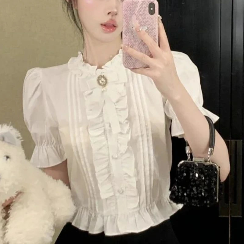 Puff Sleeve Shirts Women White Ruffles Elegant Summer Vintage Office Lady Aesthetic Mature Sweet Minority Sexy Clothing Daily