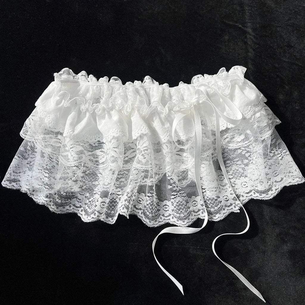 Korean Ins Blogger Unique Lace Layered Gauze Skirts Lace Trim A-Line Short Cloth Mini Waist Skirts Harajuku Girl's White Skirts