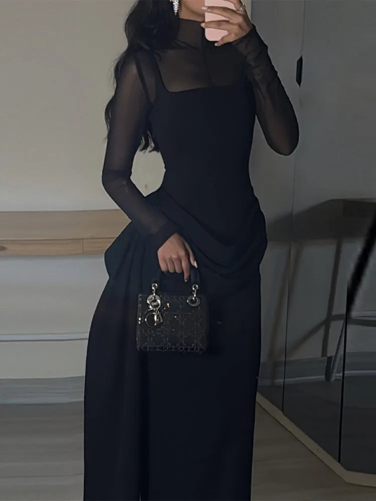 Women's Elegant Semi-high Neck Bodycon Maxi Dress Exquisite Mesh Insert Evening Party Gown 2026 Casual Contrast Sleeve Vistidos