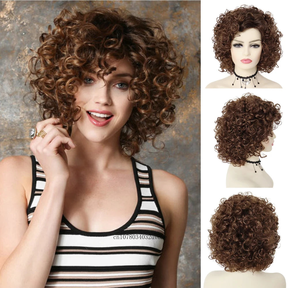 Synthetic Afro Curly Short Wigs for Women Dark Brown Wig with Bangs Sandy Grease Wig Ombre Wigs Halloween Costume Wig Cosplay
