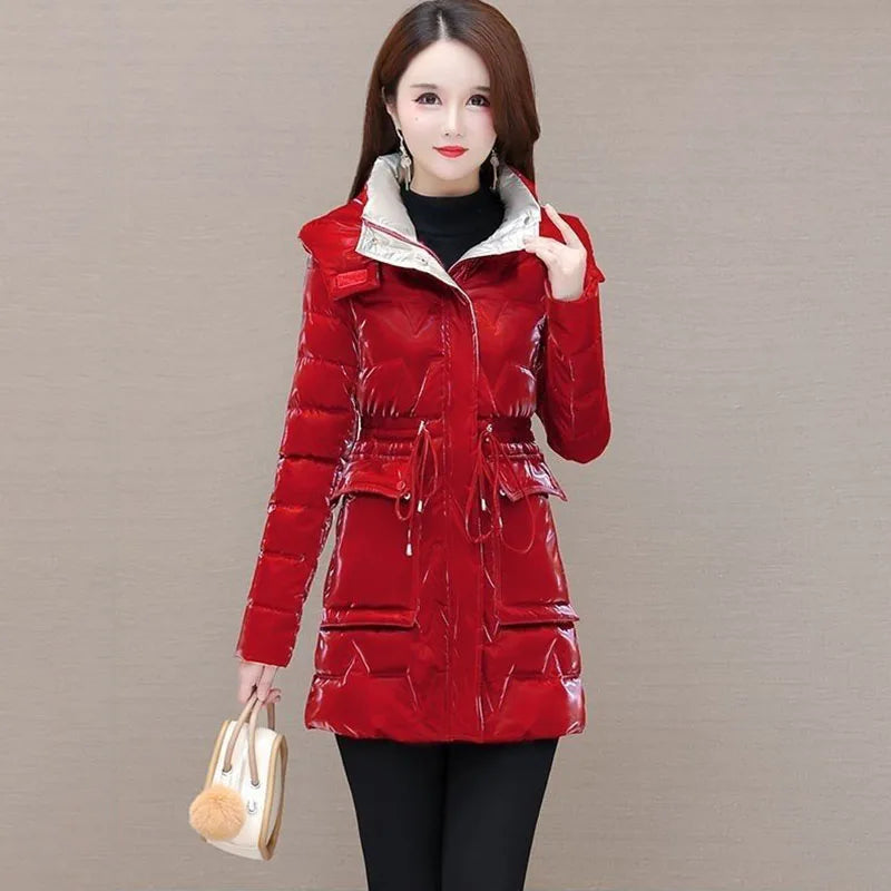 New Women's Down Cotton Coat Winter Warm Jacket Long Thick Bright Face Wash Padded Jackets Female Hooded Parker Overcoat Red 5XL