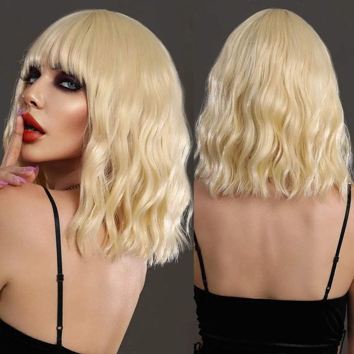 7JHH WIGS Short Bob Wig Ombre Blonde Wig for Women Daily Party Natural Synthetic Hair Wig with Bangs Heat Resistant Fiber