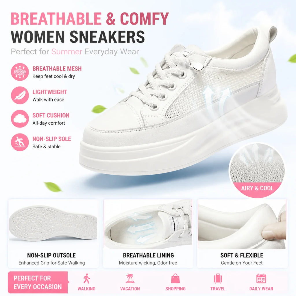 Fujin 4.5cm Genuine Leather Women Shoes Platform Flats Breathable Women Mesh Shoes White Sneakers Spring Autumn Summer Shoes