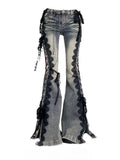 Retro Eyelets Lace Up Flare Jeans Stitch Lace Whiskers Slim Low Rise Split Bootcut Pants Women Bell Bottoms Streetwear