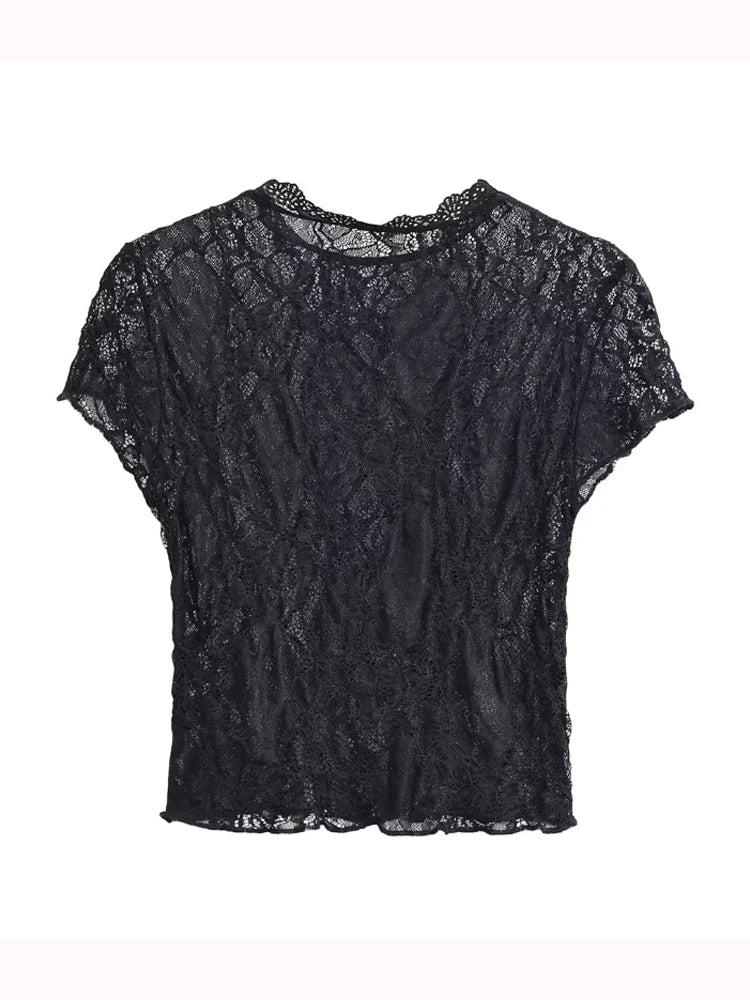 Chic Black Lace See Through Top Lady Fashion Half-high Collar Full Sleeve Cropped Blouse 2026 Spring Women Party Street Outwear