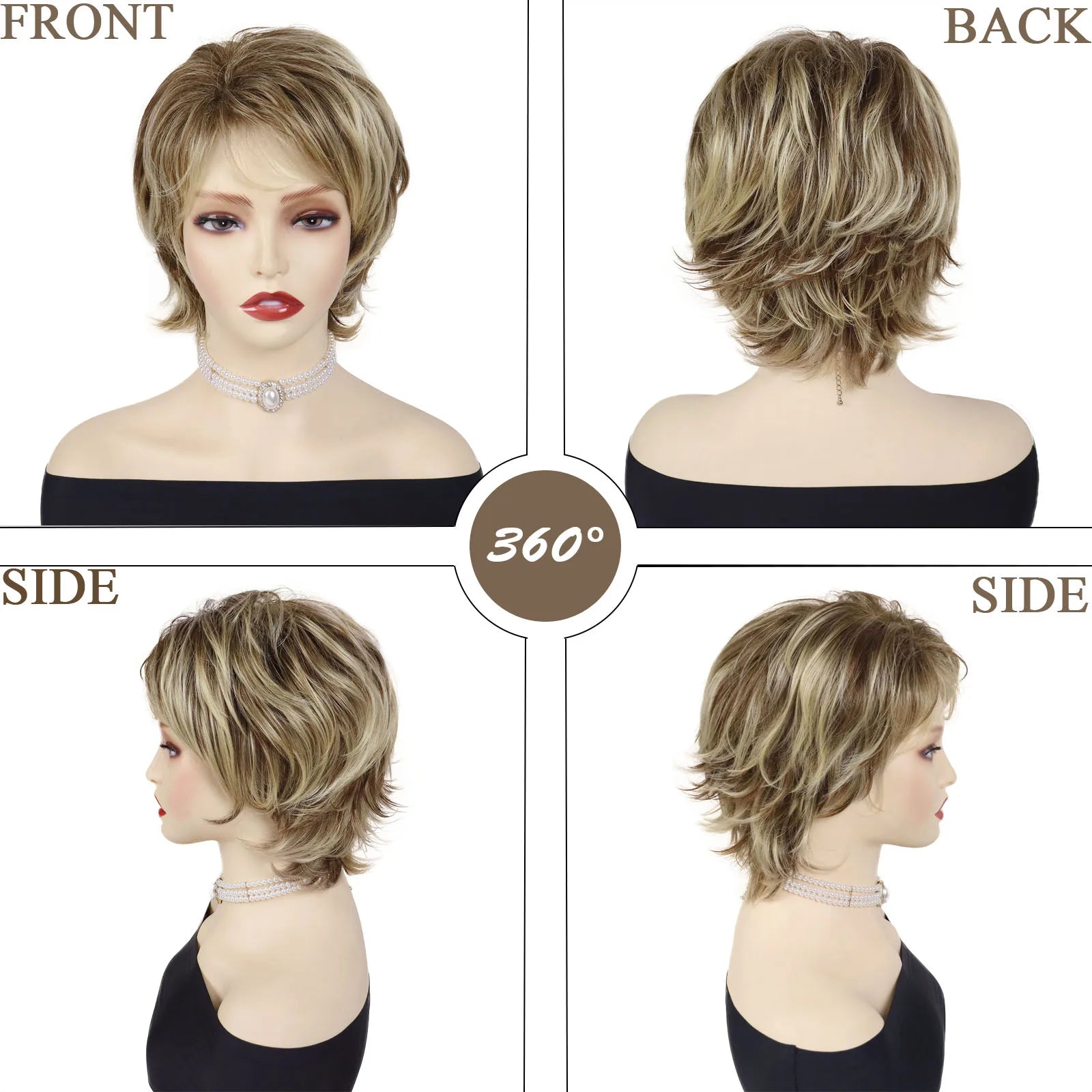 Women's Fashion Short Wigs Natural Synthetic Hair Mixed Blonde Pixie Cut Layered Wig with Bangs Heat Resistant Daily Party Use
