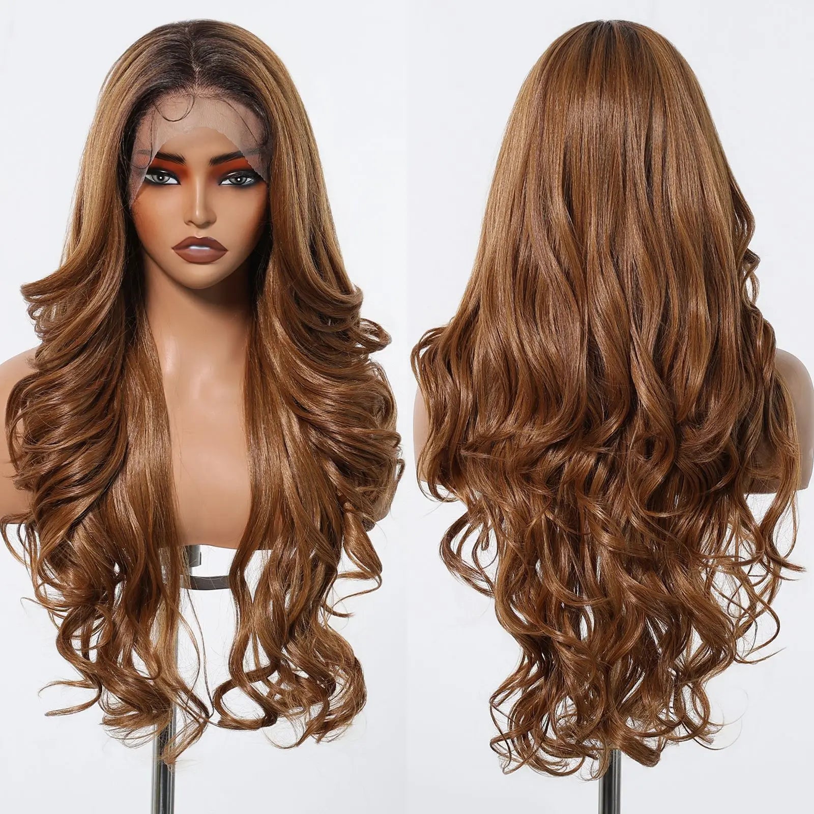 HENRY MARGU Brown Blonde Highlight Synthetic Wigs 13*6 Lace Front Long Wavy Fake Hair for Women Realistic Natural Wig Daily Use