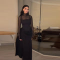 Women's Elegant Semi-high Neck Bodycon Maxi Dress Exquisite Mesh Insert Evening Party Gown 2026 Casual Contrast Sleeve Vistidos