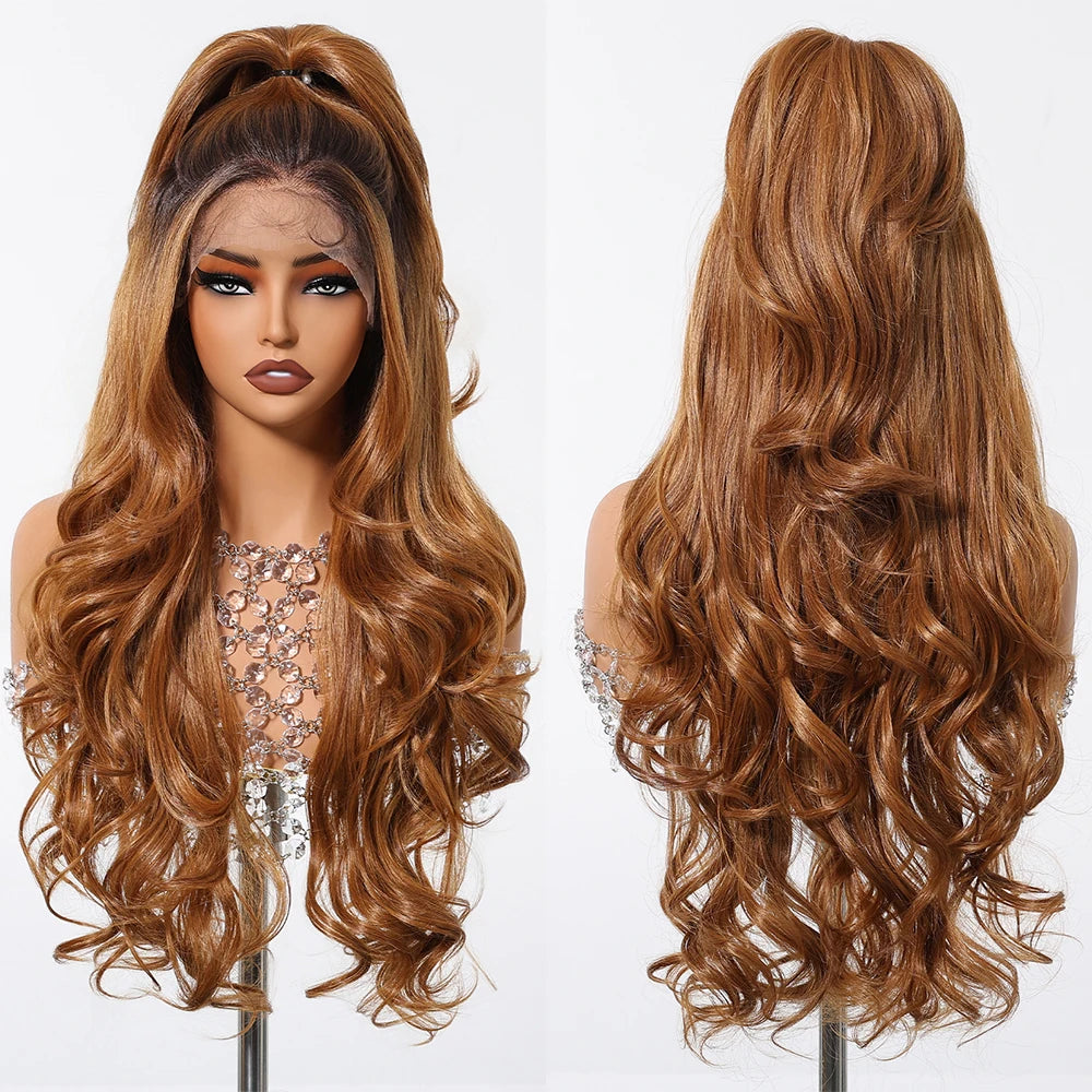 Gray White Highlight Synthetic Wigs 13*6 Transparent Swiss Lace Frontal Wigs Body Wave Long Curly Wigs for Women Elder Mommy Wig