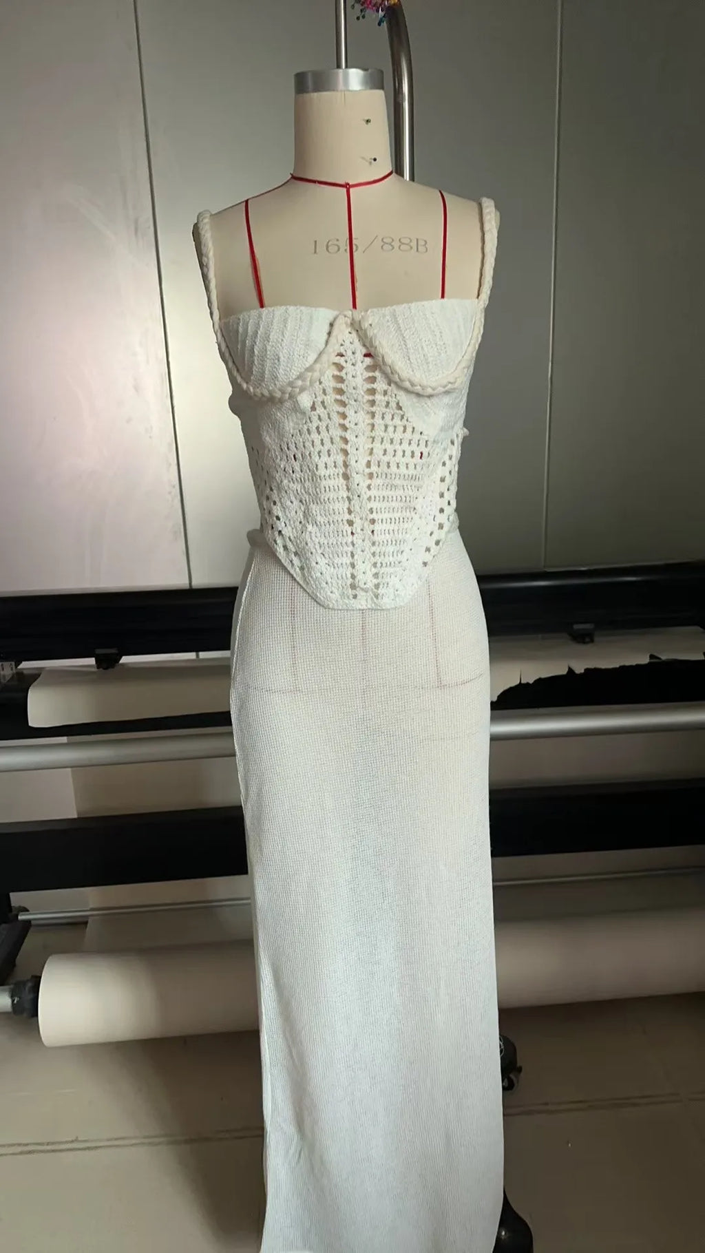 Knitted Bra Corset Skirts Sets Women Twist Hollow Out Strap Backless Crop Top Split Skirt Suits Female 2 Pieces Vacation Seaside