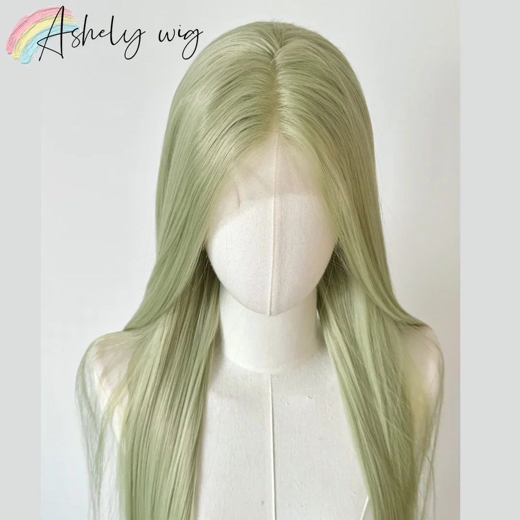 Matcha Green Lace Front Wig 13x4 Frontal Wig 26inch Long Straight Hair Wig for Cosplay High Temperature Resistant Synthetic Wigs