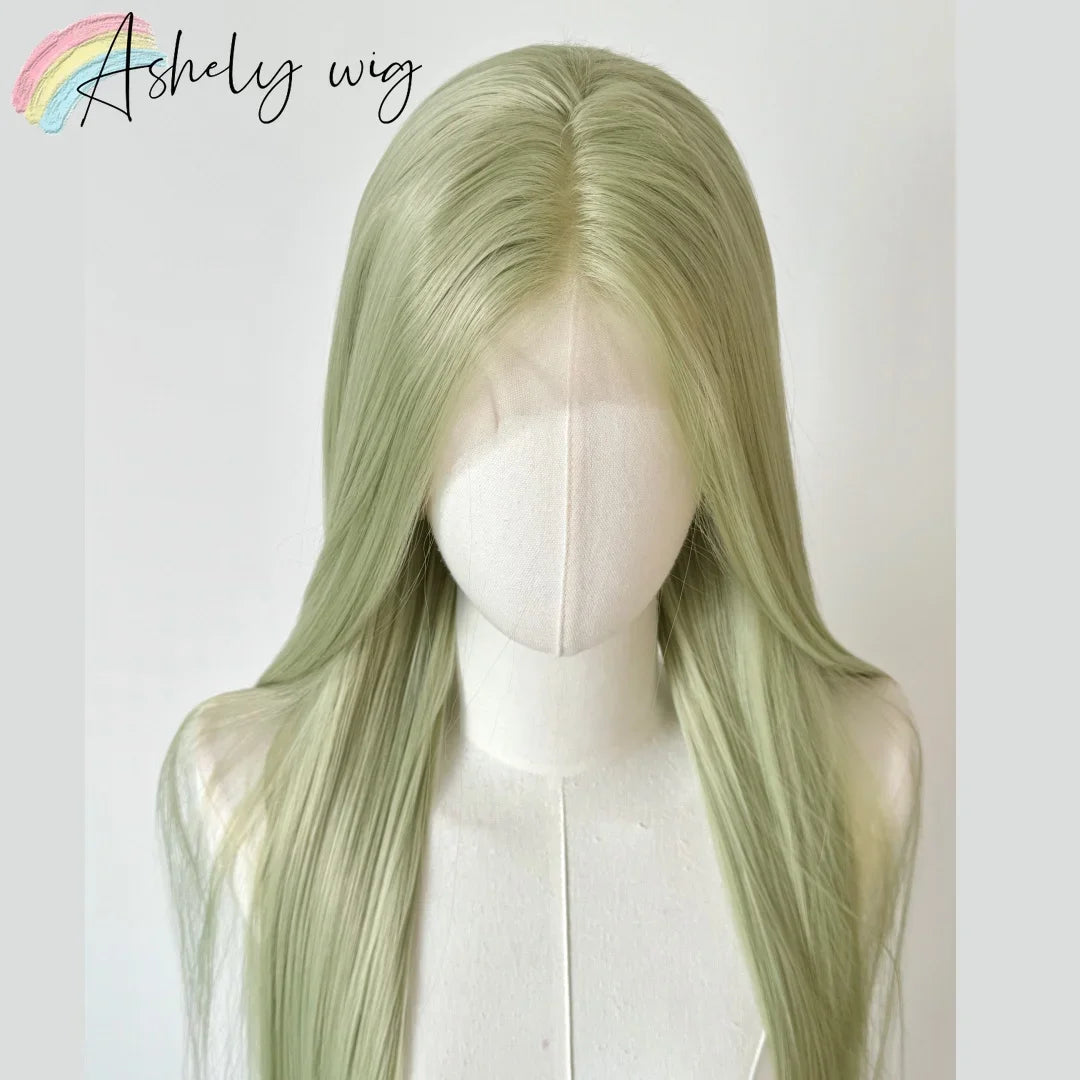 Matcha Green Lace Front Wig 13x4 Frontal Wig 26inch Long Straight Hair Wig for Cosplay High Temperature Resistant Synthetic Wigs