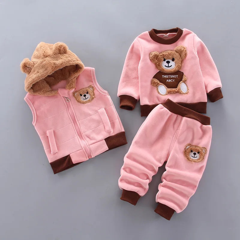 Warm Baby Girls Boys Homewear Autumn Cartoon Bear Fashion Flannel Clothes  Two-piece Set Kids Sleepwear Children Pajamas